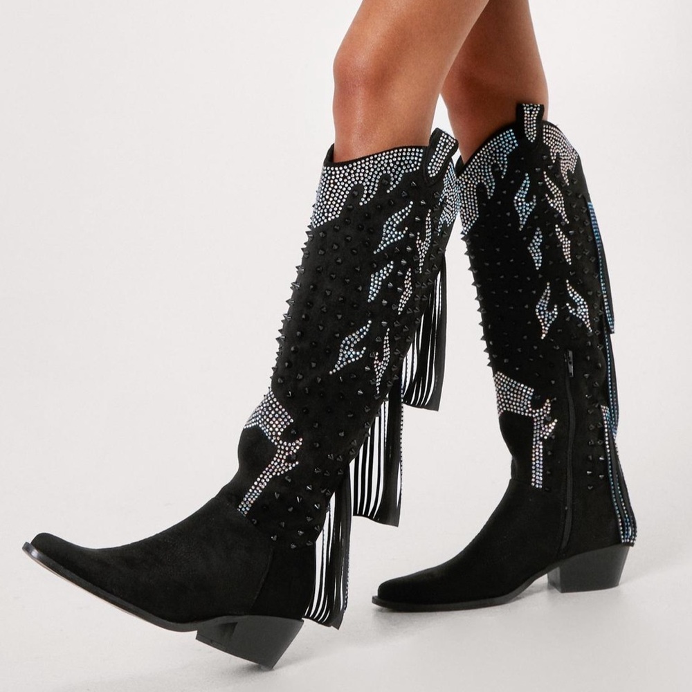 NWT Studded Diamante Faux Suede Cowboy Boots